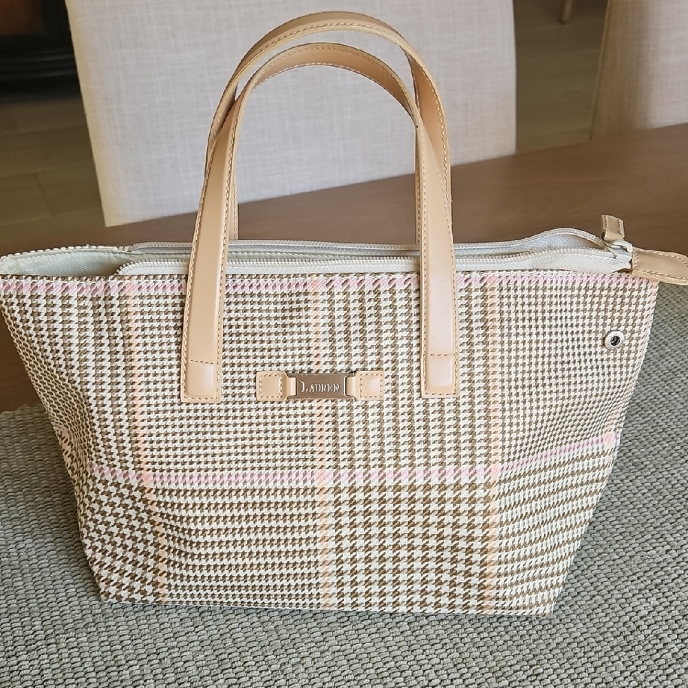Lauren Ralph Lauren Plaid Tote Bag Preppy Lunch Tote Small Canvas Spring Pink